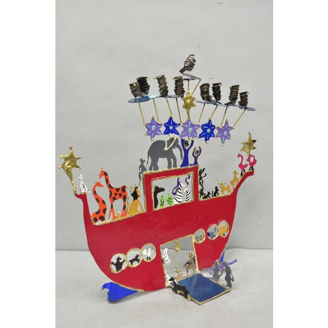 Modern Noah's Ark Cut Steel Judaica Art Hannukah Menorah Candelabra Sculpture For Sale - Image 13 of 18