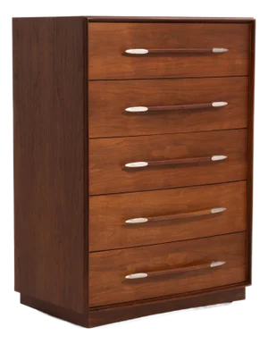 T.H. Robsjohn Gibbings Widdicomb Walnut Spear Handle Five Drawer Chest Dresser