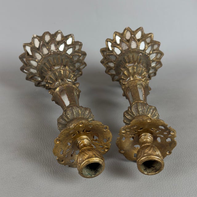Antique Candlesticks in Gilded Wood, Brass, Mirrored Glass, Set of 2 For Sale - Image 6 of 11