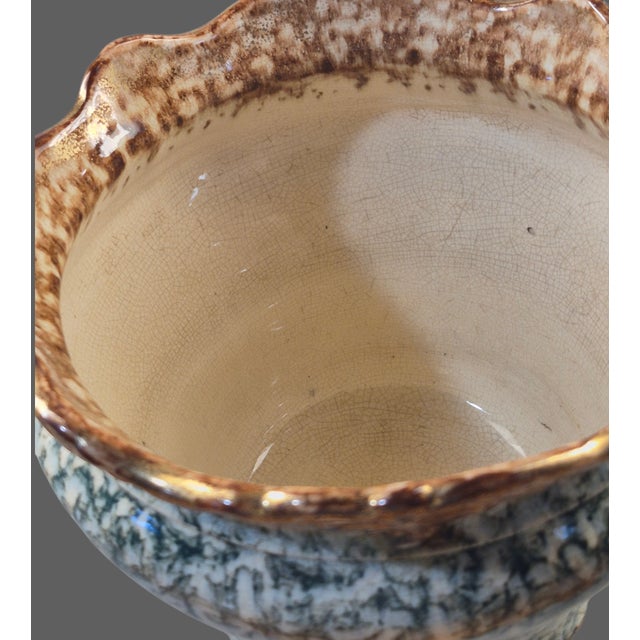 Antique Majolica Jardinière Glazed Pottery Scalloped Rim Spongeware Planter For Sale - Image 10 of 11