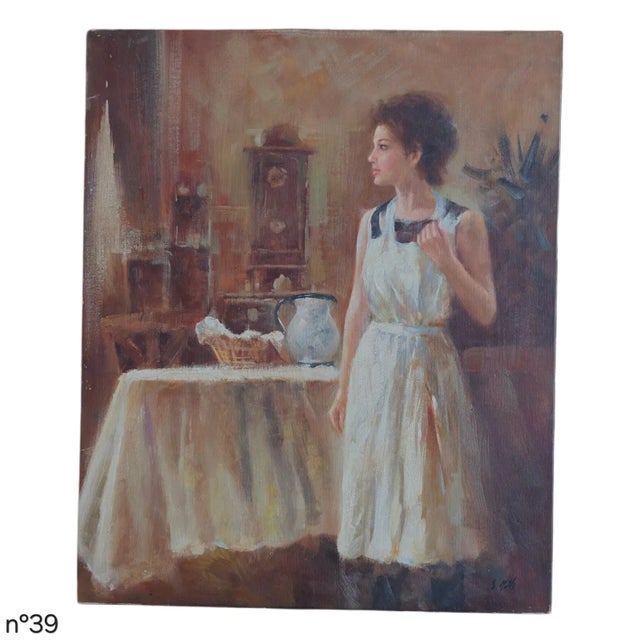 Signed oil on canvas by J. Viss (signature indistinct), circa late 20th century, depicting a young woman standing in an...