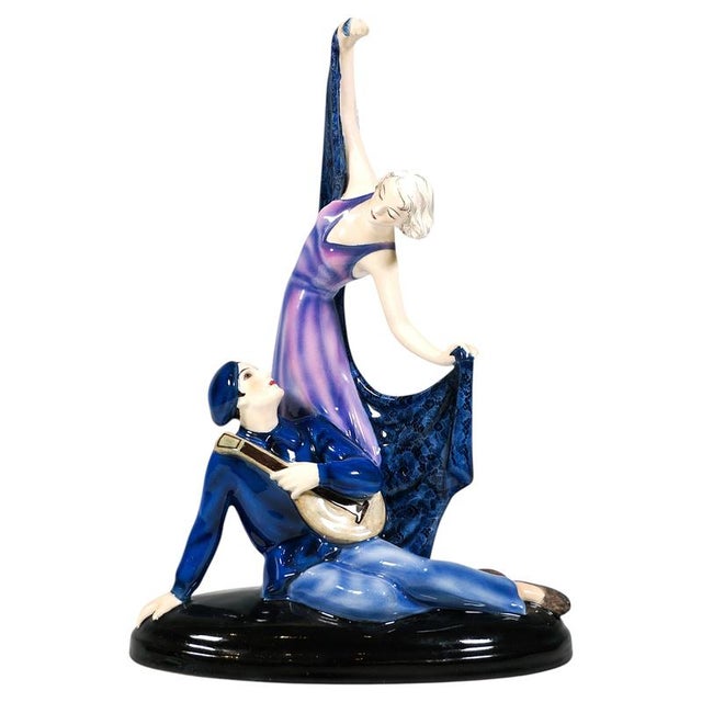 Ceramic Art Deco Posing Dancer & Pierrot Group attributed to Lorenzl for Goldscheider, Vienna, Austria, 1933 For Sale - Image 7 of 7