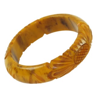 Banana Brown Marble Bakelite Floral Carved Bracelet Bangle For Sale