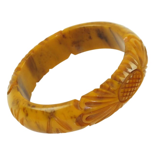 Banana Brown Marble Bakelite Floral Carved Bracelet Bangle For Sale