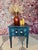 Dark Teal Hand-Painted Carved Wood Nightstand With Crystal Knobs- Boho Glam End Table For Sale - Image 4 of 5