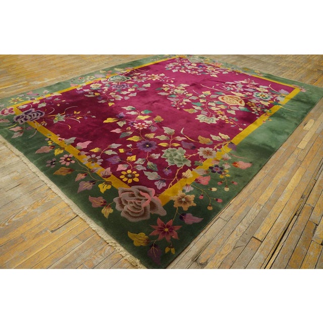 Art Deco 1920s Red Burgundy Floral Antique Chinese Art Deco Carpet 9' X 11'7" Knotted Wool Rug For Sale - Image 3 of 12