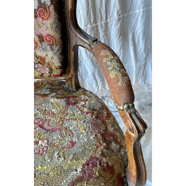 19th C French Needlepoint Carved Diminutive Fauteuil For Sale - Image 9 of 12