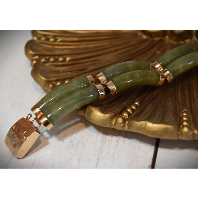 Late 20th Century Late 20th Century 14k Gold Green Jade Link Bracelet Good Fortune 7 1/8" Long For Sale - Image 5 of 18