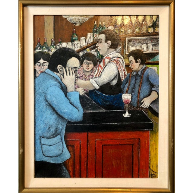 David Azuz, Israeli French Folk Art Naive Oil Painting Wine Bar in Paris Colorful Fauvist, 1976 For Sale