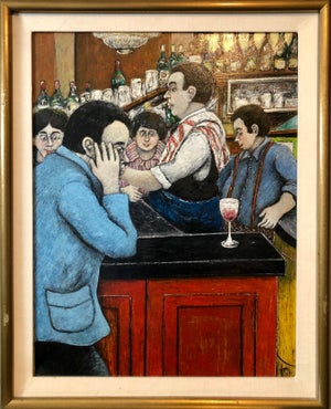 David Azuz, Israeli French Folk Art Naive Oil Painting Wine Bar in Paris Colorful Fauvist, 1976