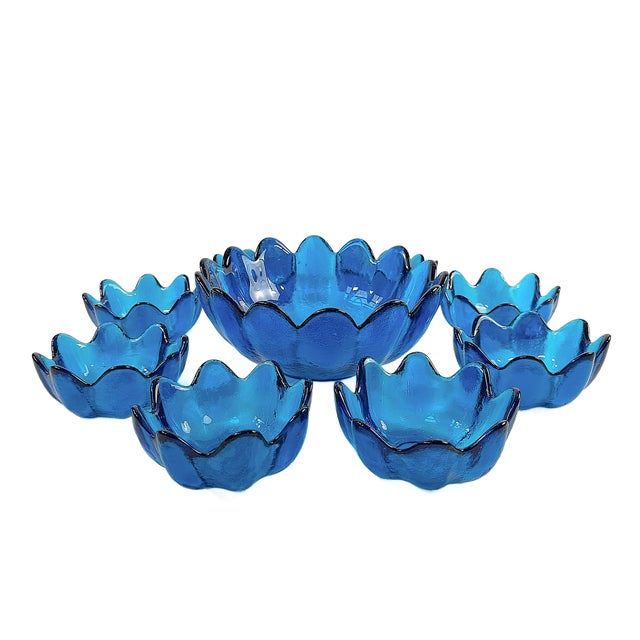 Glass 1960s Mid-Century Modern Blenko Luminous Blue Studio Art Glass Bowls - Set of Nine For Sale - Image 7 of 8