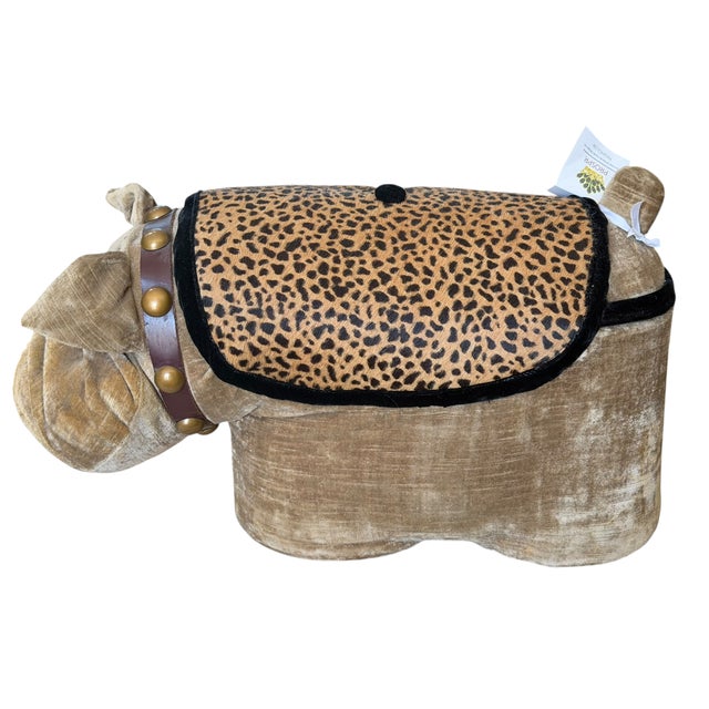 Vintage Velvet & Leather Bulldog Footstool Ottoman.
