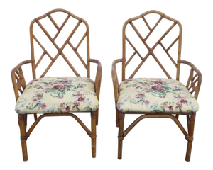 Vintage Mid Century Chinese Chippendale Bamboo Rattan Gold Floral Accent Chairs - a Pair