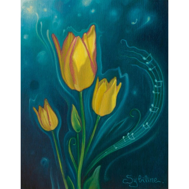 Musicis Tulips by Sybiline | Oil on Wood Painting of yellow tulips with musical notes For Sale - Image 4 of 4