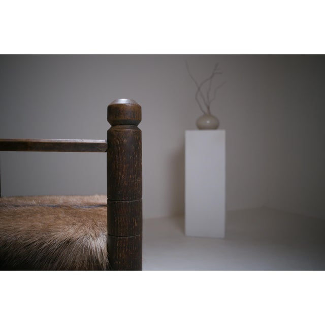 Rustic Modernist French Armchair in Stained Oak and Animal Hide, 1950 For Sale - Image 16 of 18