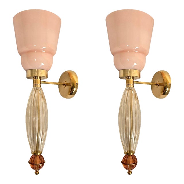 1990s Mid Century Modern Pink Murano Glass Sconces - Pair For Sale
