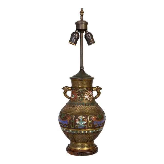1900s Asian Etched Bronze & Champleve Enamel Urn Vase as Lamp For Sale