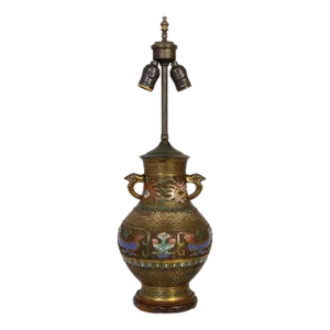 1900s Asian Etched Bronze & Champleve Enamel Urn Vase as Lamp