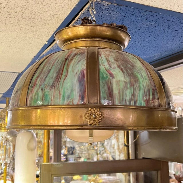 Metal Vintage Arts and Crafts Style Slag Glass Hanging Lamp For Sale - Image 7 of 12