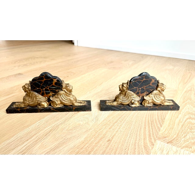 Exceptional Pair of French Art Deco Griffin Bookends on Portoro Marble, Early 20th Century For Sale - Image 4 of 5