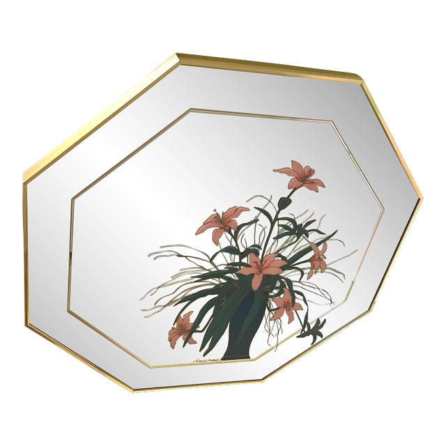 Octagon Brass Etched Colored Floral Mirror, Circa 1970 For Sale