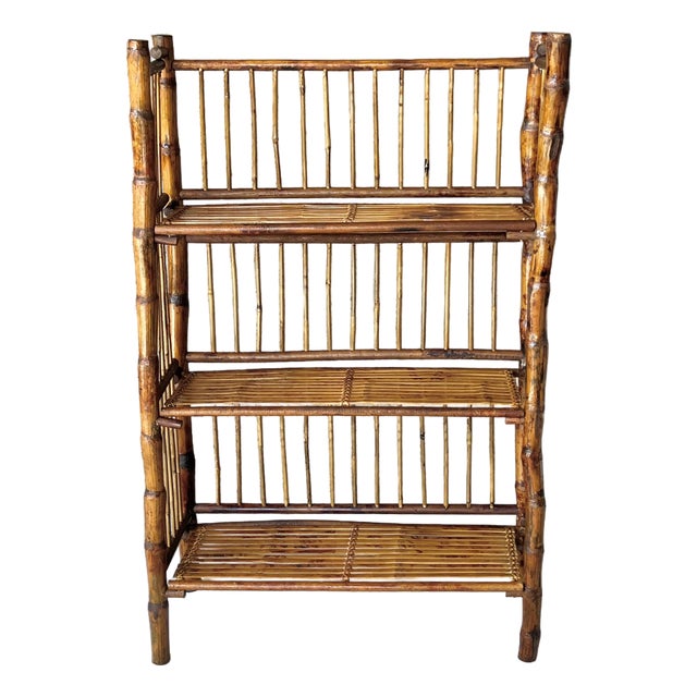 Mid 20th-Century 3-Tier Tortoiseshell Bamboo Bookshelf – Folds Flat for Storage For Sale