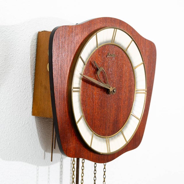 Mid-Century Modern Mid Century Modern Wall Clock Teak Pendulum Weights 10 Jewel Denmark Chime For Sale - Image 3 of 9