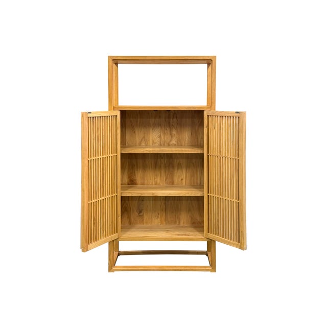 Light Brown Slatted Doors Display Storage Minimalist Zen Cabinet For Sale - Image 4 of 14