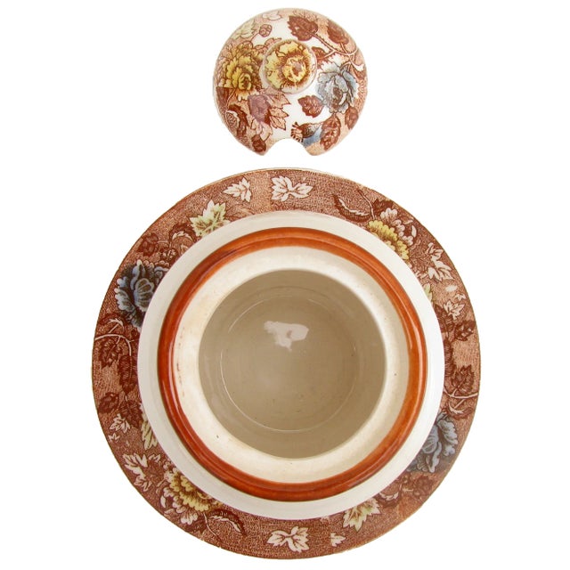 Lovely 1940s era transferware lidded mustard / jam pot with integral under plate in the Mountain Woodland pattern with...