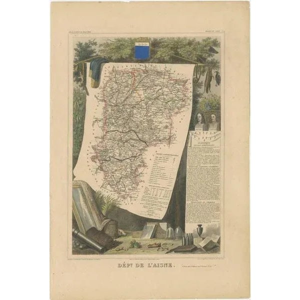 Antique map titled 'Dépt. de l'Aisne'. Map of the French department of l'Aisne, France. The whole is surrounded by...