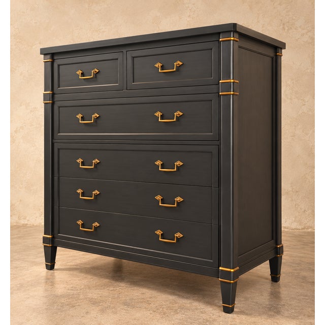 American Vintage “By Drexel” Solid Wood Highboy Dresser | Charcoal Blue & Gold For Sale - Image 3 of 8