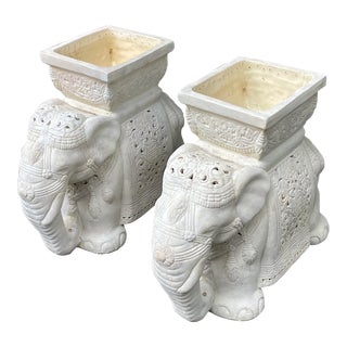 Pair Unusual Vintage Ceramic Elephant Garden Planters, Stools For Sale