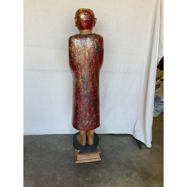 Vintage Buddha Buddhist Carved Wood Burmese Thai Monk Statue For Sale - Image 14 of 16