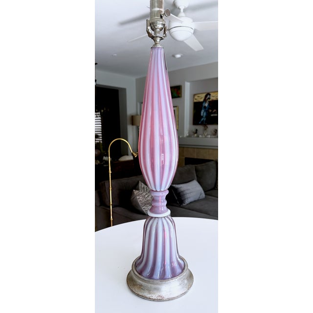 Lavender Large Raspberry Lavender Opaline Murano Glass Ribbed Table Lamp by Barovier For Sale - Image 8 of 16