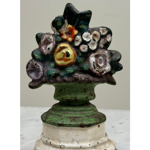 Early 20th Century Antique Petite Floral Basket Cast Iron Doorstop For Sale - Image 5 of 6