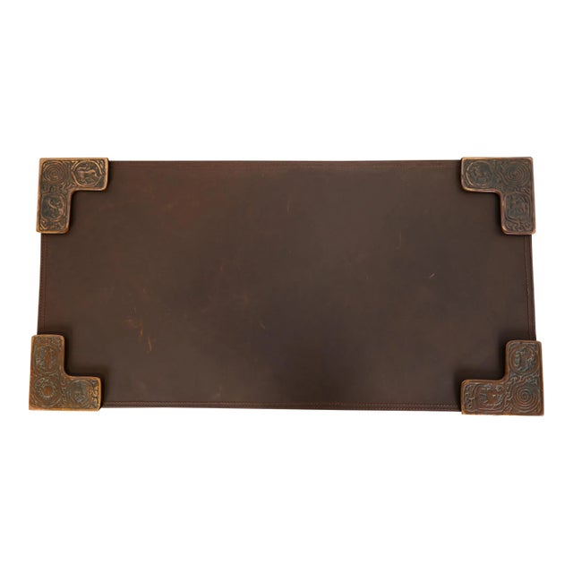 Tiffany Studios New York Zodiac Bronze Blotter Corners With Leather Desk Blotter For Sale