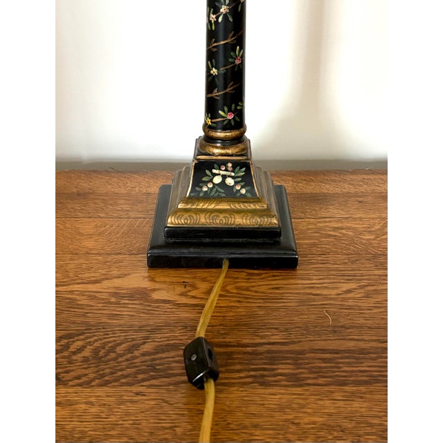 Wood Late 20th Century Black and Gold Neoclassical Style Column Lamp With Painted Florals For Sale - Image 7 of 12