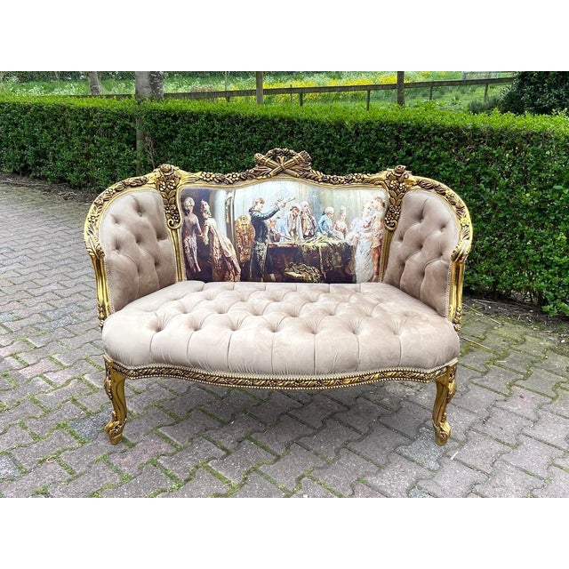 1970s French Louis XVI Tan Velvet Gilt Beech Settee – 1 Pc For Sale - Image 15 of 18