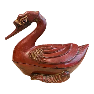 Late 19th Century Chinese Qing Red Lacquered Duck Shaped Wooden Box