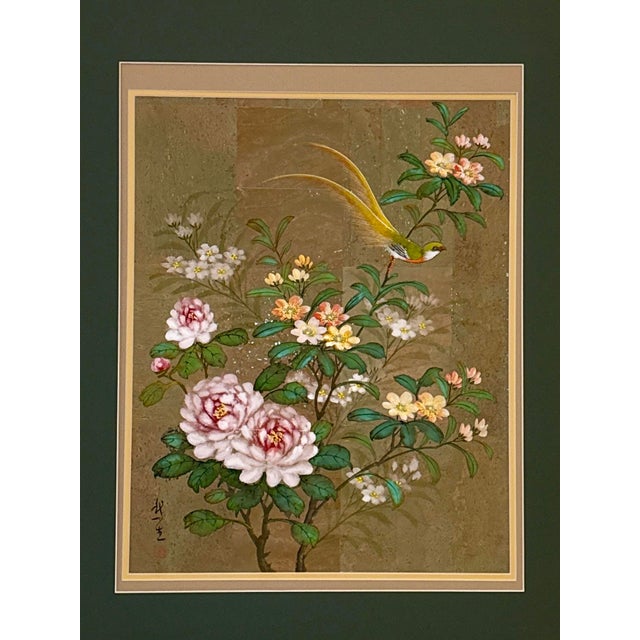 Paper Original Chinese Floral Painting With Birds, Signed, Custom Mat For Sale - Image 7 of 8