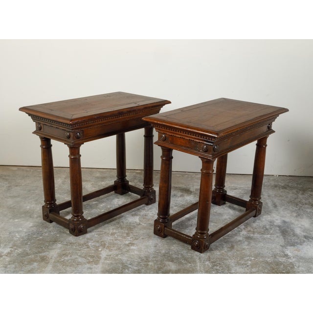 Pair of Italian 19th Century Carved Walnut Console Tables with Doric Columns For Sale - Image 10 of 12