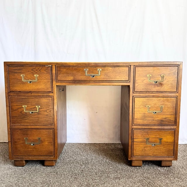 This vintage Campaign “Artefacts” desk by Henredon brings timeless craftsmanship and understated elegance to any refined...