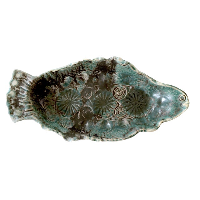 Mid Century Blue Green Ceramic Fish Serving Dish For Sale