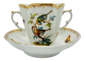 Antique Porcelain Double-Handled Chocolate Cup and Saucer with Birds and Butterflies from Dresden, 1879, Set of 2
