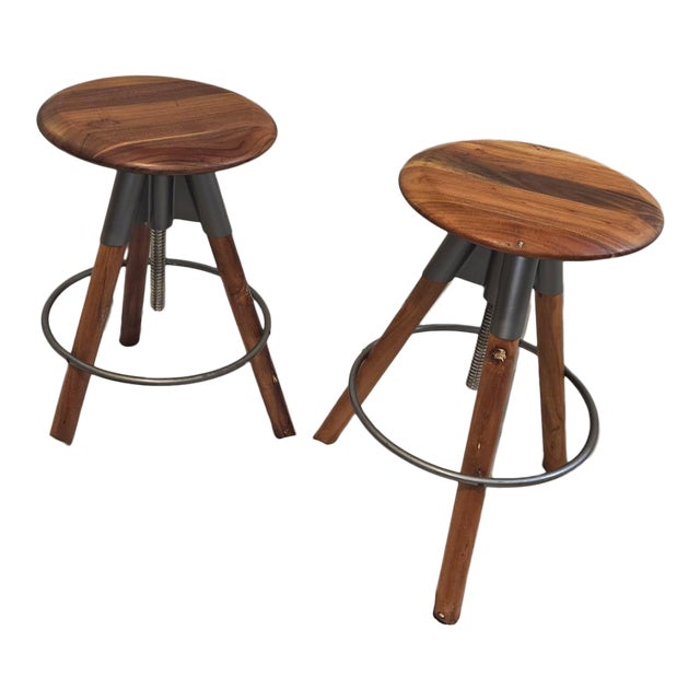 Striking Set of 2: Cb2 Revolution Adjustable Bar Stools - Acacia Wood & Metal For Sale