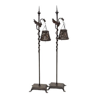 1910s Spanish Revival Cast Bronze Davenport Accent Floor Lamps with Flying Dragons, Twisted Tails - Restored Rewired For Sale