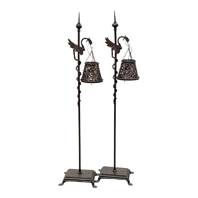 1910s Spanish Revival Cast Bronze Davenport Accent Floor Lamps with Flying Dragons, Twisted Tails - Restored Rewired For Sale