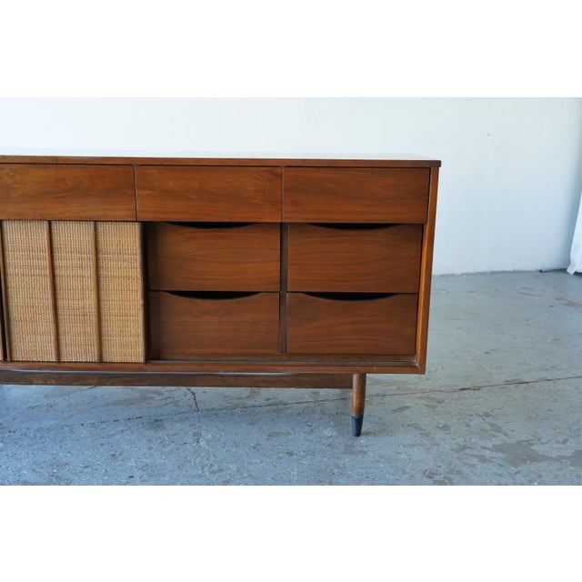 Hooker Furniture 1960s Mid-Century Modern Hooker Walnut & Cane Lowboy Dresser 64” For Sale - Image 4 of 18