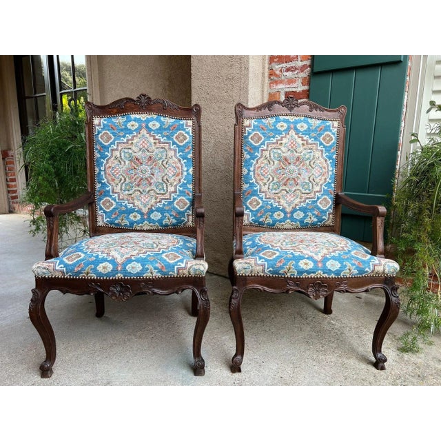 PAIR Antique French Dining Arm Chair Louis XV Carved Oak Blue Persian textile . Direct from France, a striking pair of...