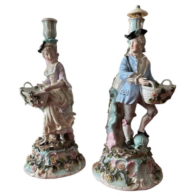 Antique Rococo Porcelain Figural Candlesticks from Sitzendorf, 1900, Set of 2 For Sale - Image 10 of 10
